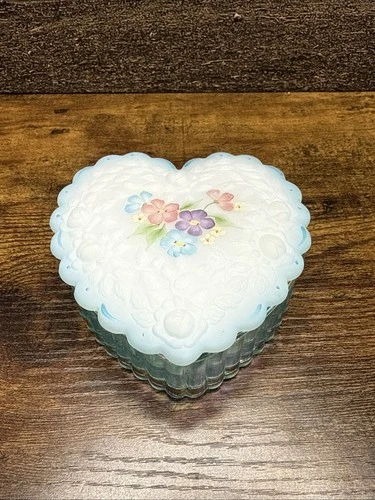 Fenton Heart Shaped Trinket dish w/painted lid "Violets" Signed
