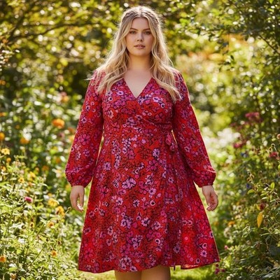Boohoo Floral Wrap Midi Dress Long Balloon Sleeve V-Neck Boho Cottagecore 24