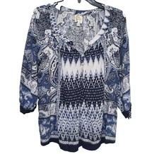 Anthropologie Fig & Flower Top Womens 2X Blue White Boho Peasant Festival Flowy