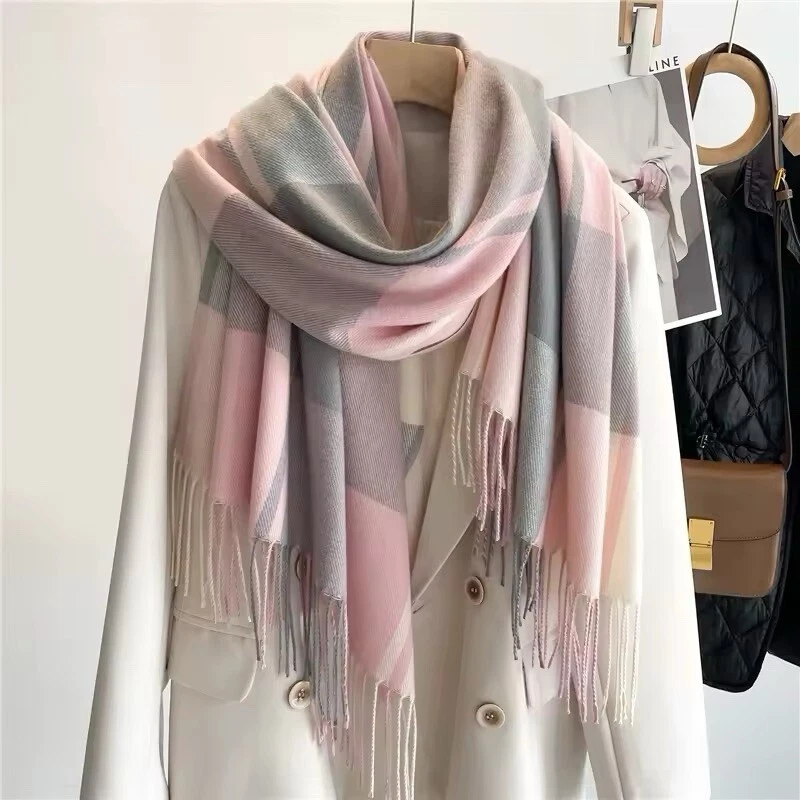 New Double Sided Checked Winter Shawl Cashmere Pashmina Touch Unisex Bufanda UK