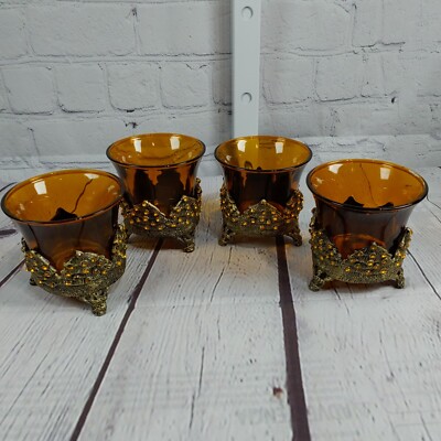 HTF 4 Amber Color Glass Fir Tree Metal Ornamental Base Candle Votive Holder 3 in