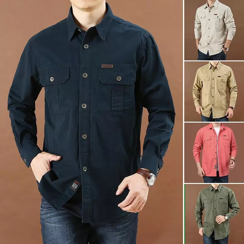 Camisas Vaqueras De Manga Larga Para Hombres Ropa De Algodón Con Botones Militar