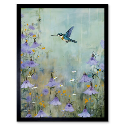 Bluebell Kolibri Pastell Gemälde Nektar Blumen gerahmter Wandkunstdruck 9 x 7 Zoll
