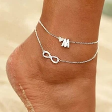 26 Letters Boho Double Layered Anklet Silver Heart Bracelet Women Jewelry Gift