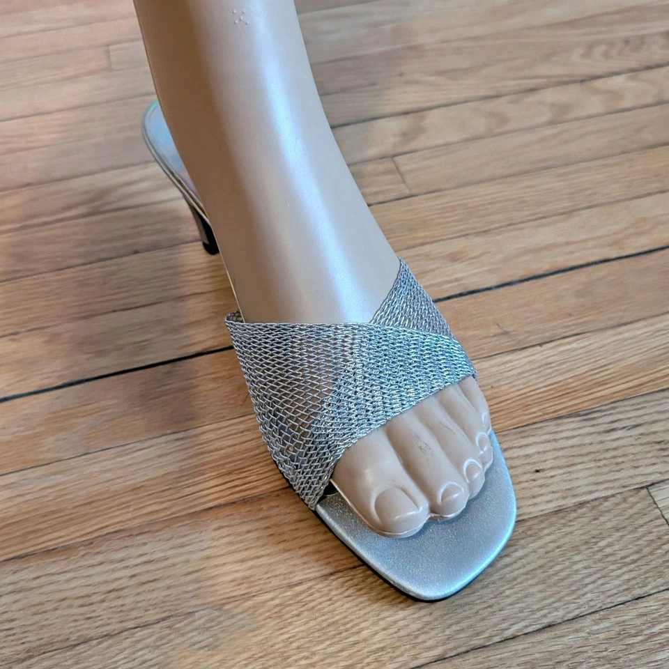 Vintage Silver Mules 90s Mootsies Tootsie Sandals Holographic Formal Rainbow 8 - Image 4 of 4