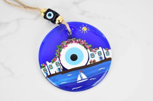 Evil Eye Santorini Themed Hand Painted Large Glass Wall Hanging - Bild 5 von 7