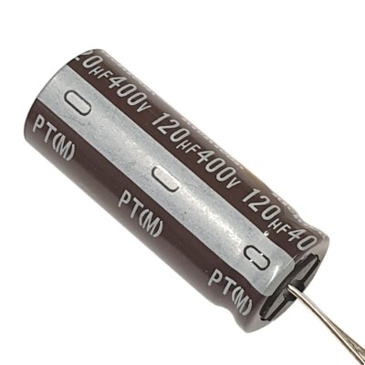 Condensatore Nichicon PT 120uF 400V, 16x40mm &ndash; Alta Corrente Di Ondulazione, Radiale