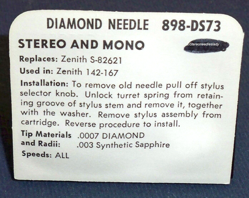 NEEDLE STYLUS for Zenith 142-167 cartridge 898-DS73 Zenith S82621 with spring - Picture 3 of 3