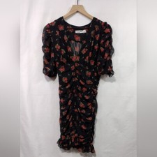 NWOT ZARA Floral Shirred Mini Dress Womens S Black Red Artsy Cottagecore Peasant