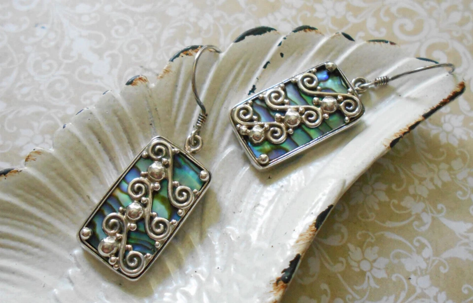 Sajen Sterling Silver Scroll Overlay Abalone Dangle Earrings  39KK - Image 2 of 4