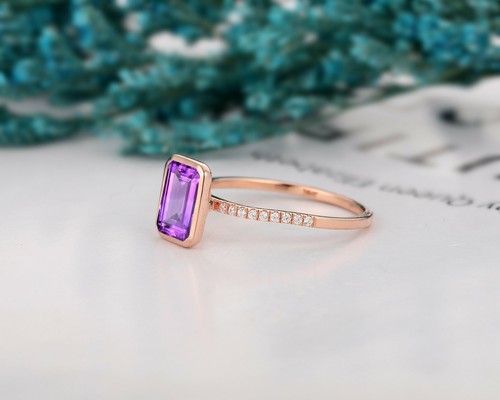 2.58Ctw Emerald Cut Purple Amethyst Sapphire Anniversary Ring 14k Rose Gold Over - Picture 2 of 7