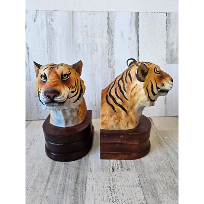 Vintage Andrea lion bookends bisque realistic heads bust cat African decor uniqu