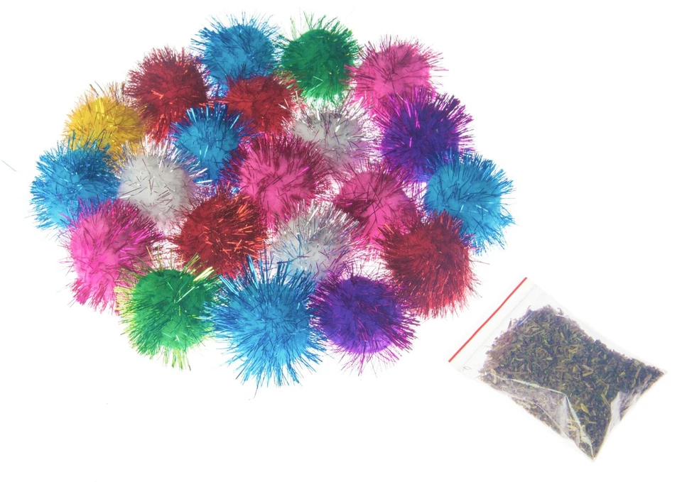 20 Sparkle Glitter Tinsel Poms Balls 2" Colorful Toys Bag Catnip Cats Kittens! - Image 4 of 4