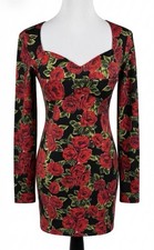 MINKPINK Womens Red Rose Floral Print Long Sleeve Bodycon Mini Dress Size Medium