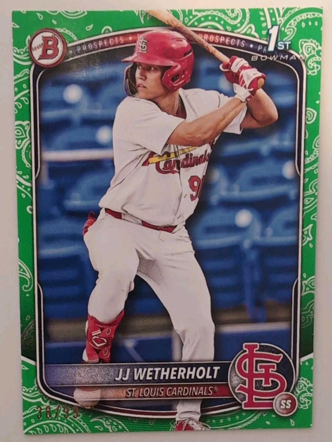 2025 Bowman Prospects JJ Wetherholt #BP-22 Green Pattern /99 Cardinals SSP (RC)