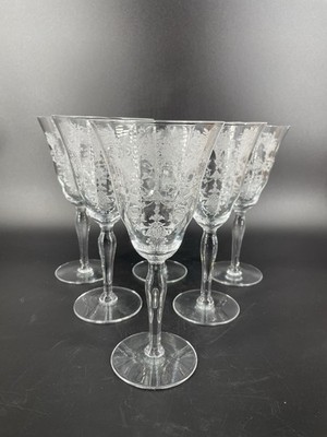 6 - Morgantown Crystal MAYFAIR Stem ETCHED Art Deco Water Wine Drinking Glass