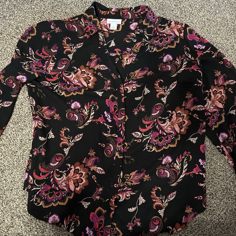 Liz Claiborne Long Sleeve, Button Down Blouse Size L Large Black Paisley Floral