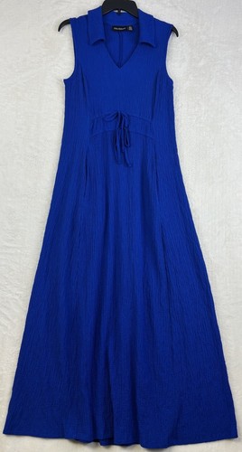NINA LEONARD Blue Maxi Sleeveless Dress Pockets Drawstring Front S Collared - Picture 1 of 9