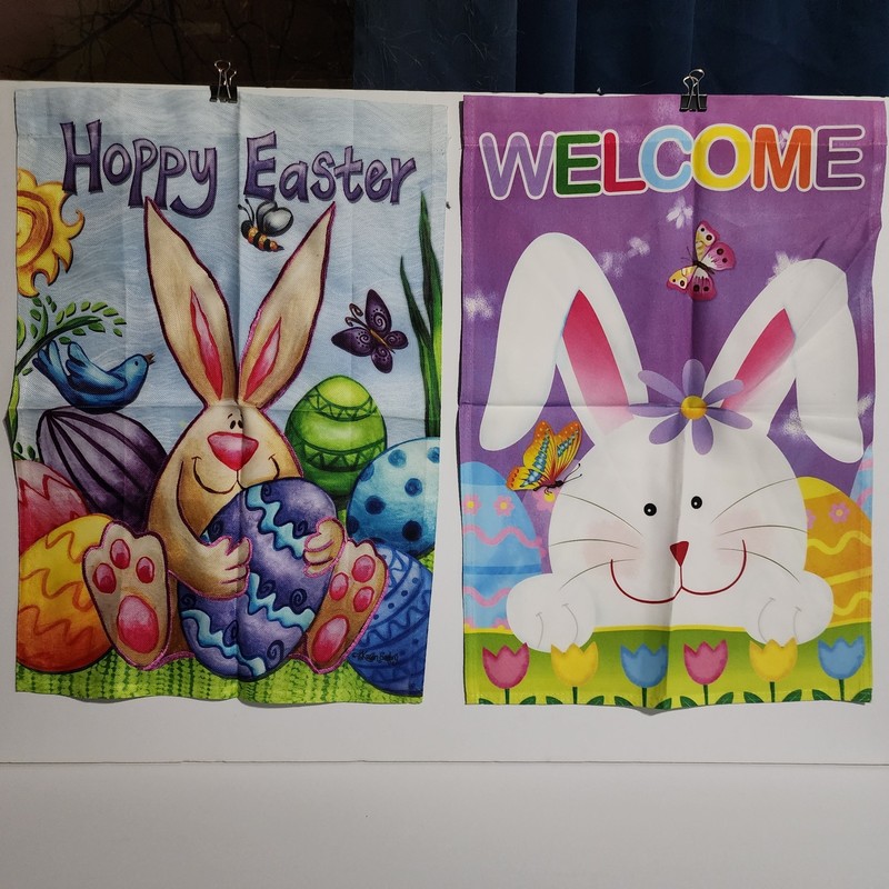 Lot of 2 Easter Bunny Garden Flags 12" by 18" 