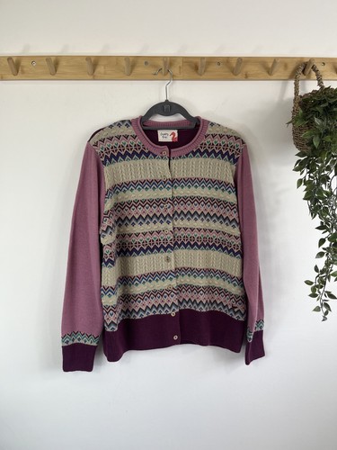 Cárdigan Country Rose Mezcla Lana Isla Justa Tejido Talla XL 18-20 Púrpura Rosa  