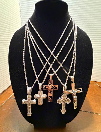 925 Sterling Silver Cross Pendant Necklaces Lot, Multiple Styles Religious