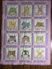 Handmade Baby Quilt purple patchwork w/ cross stitch animals 41in X 31in