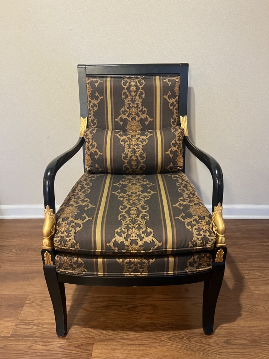ETHAN ALLEN 猫脚 アームチェア ヴィンテージ Ethan Allen French Empire Style Black Lacquer Gold Dolphin
