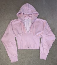 NEW Pink Cinched Crop Hoodie Hooded Long-Sleeved Zip-Up Sweatshirt Top UK 8 EU36