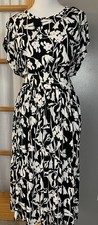 Floral Midi Dress Sz L Black White Rayon Blend Jersey Pockets Boho Cottagecore