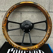 14" Black Muscle Steering Wheel Flamed Pine Wrap w/ Licensed Chevy Bowtie Horn