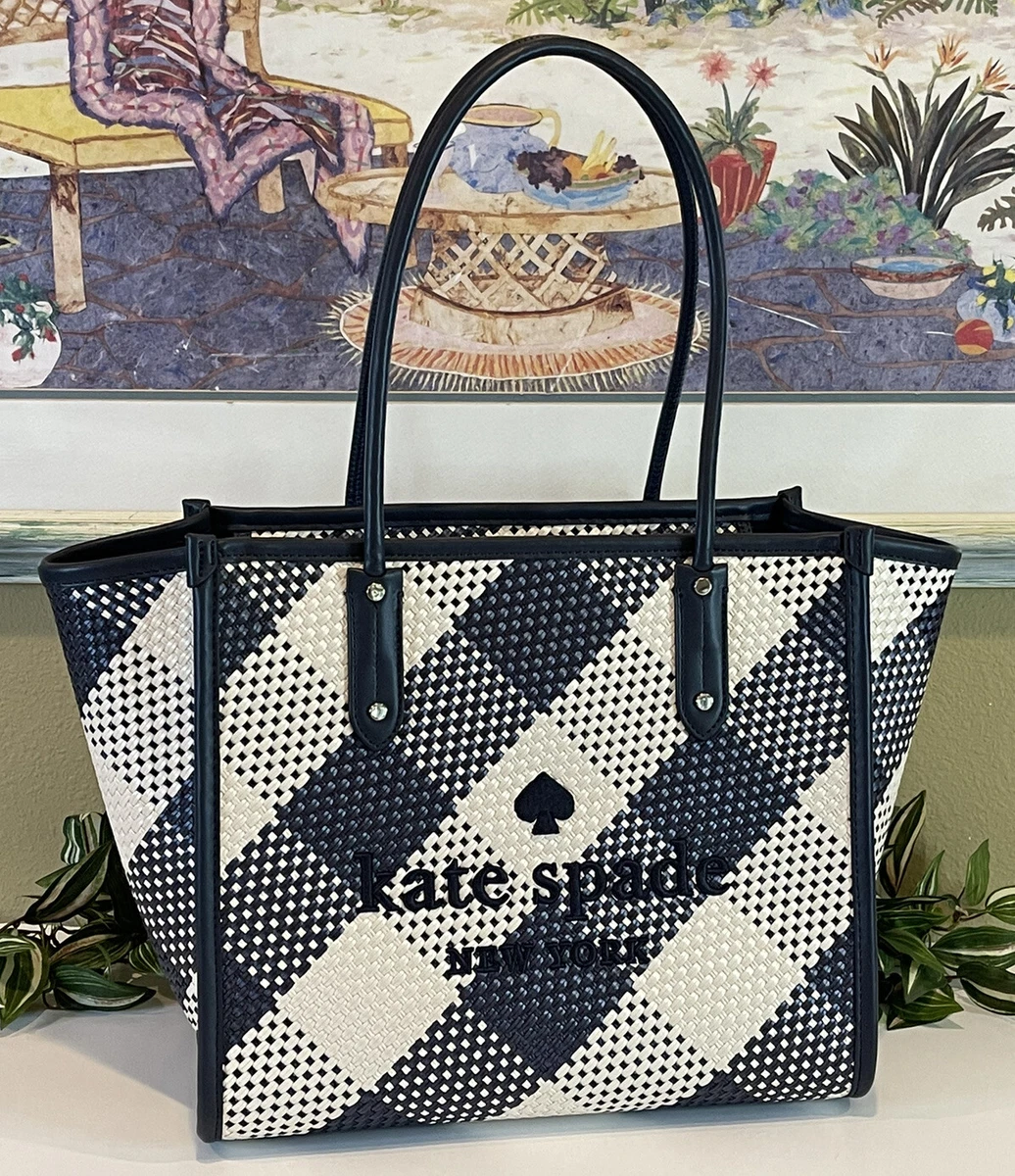 KATE SPADE ELLA LARGE TOTE NAVY BLUE CREAM WOVEN GINGHAM SHOULDER BAG  CARRYALL