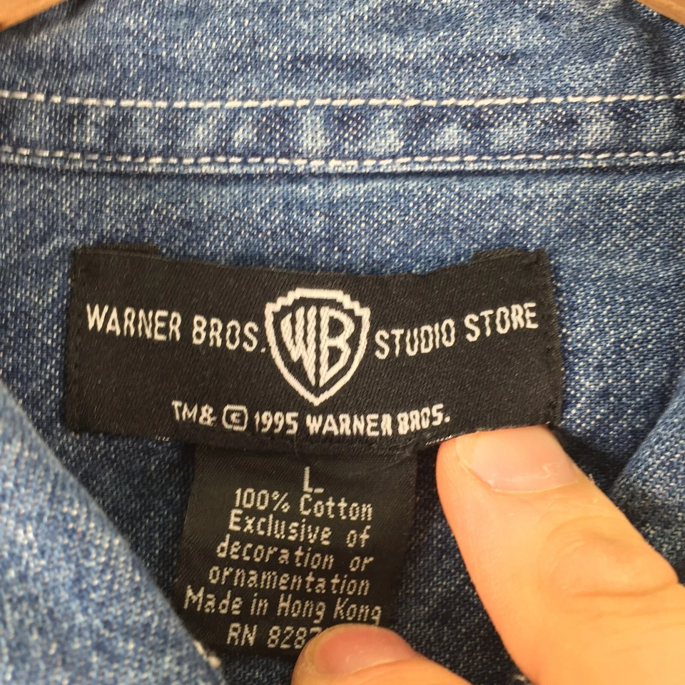 Looney Tunes mens denim button up shirt size L blue Y2k relaxed fit 108631 - Image 4 of 4