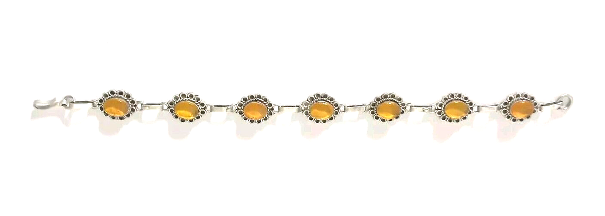 Bracelet Ancien En Argent Massif 925 Avec Cabochons D'ambre Naturel - Occasion Bon état - Pièce Unique