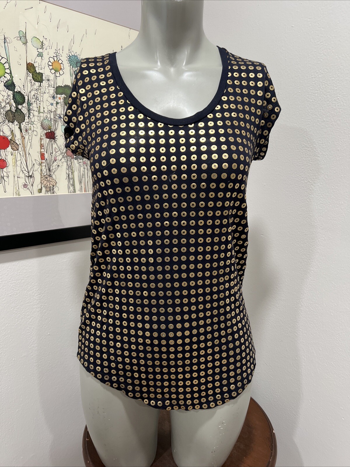 Armani Exchange Women's  Cap Sleeve Top S /P. Black With Gold Grommets.