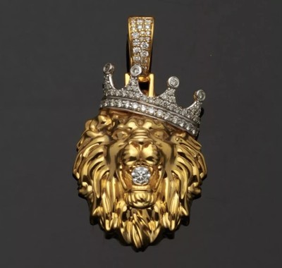 Crown Lion Head king Pendant Moissanite 14K Yellow Gold Finish Round Free Chain