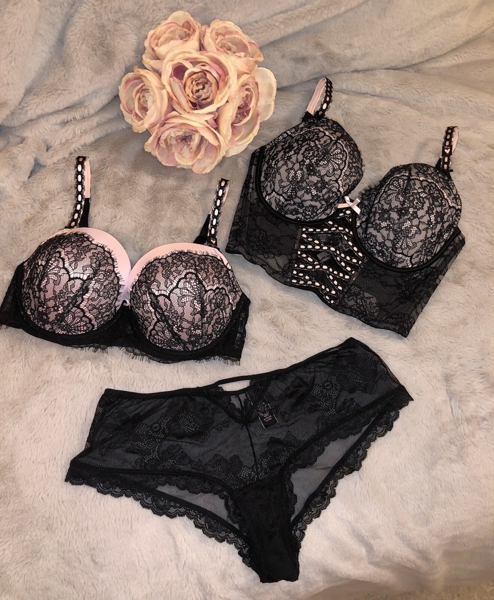 Victorias Secret Black/Pink Ribbon Slot Lined Demi /Mesh Cheeky