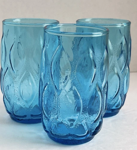 Vintage Anchor Hocking Madrid Aqua Blue Tumblers Diamond Quilted 3 3/4” Set Of 3