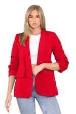 Womens Blazer Ruched Sleeve Lined Plain Collared Ladies Office Casual Jacket Top