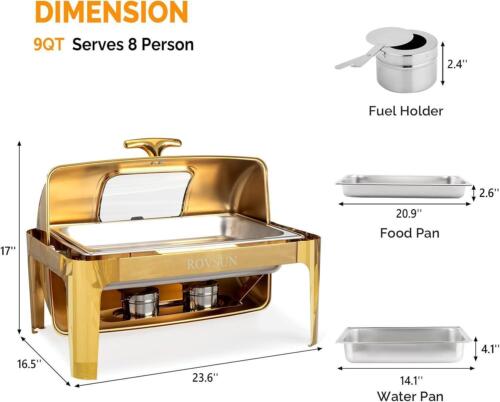 Gold 9QT Roll Top Chafing Dish Buffet Set Stainless Steel with Fuel Holder Home - Picture 3 of 4