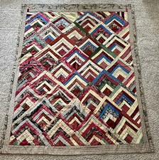 Antique Vintage Brocade Velvet Log Cabin Quilt Late 1800's Excellent Condition
