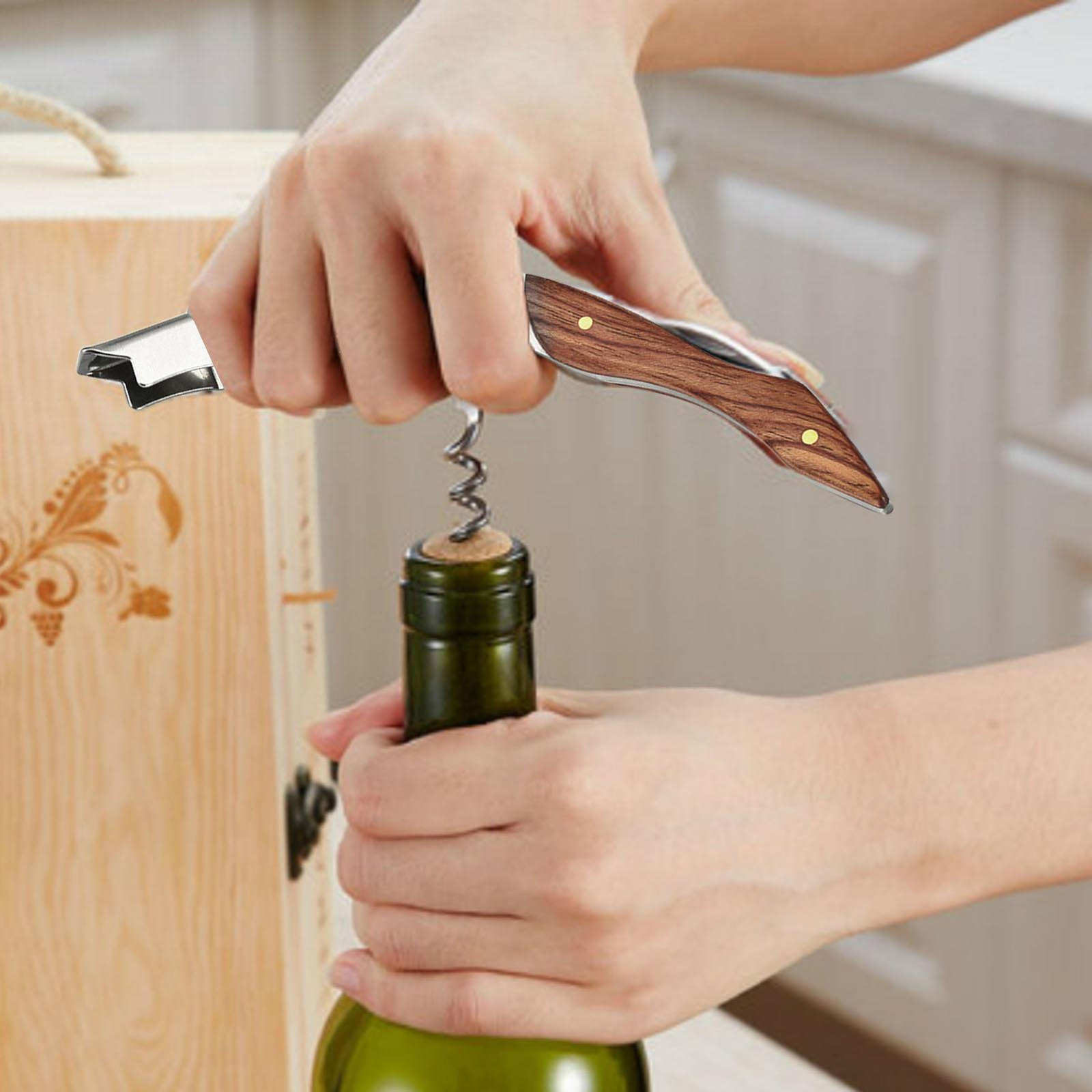 Corkscrew Wine Bottle Opener Waiters Key Wood Double Hinged With Foil
