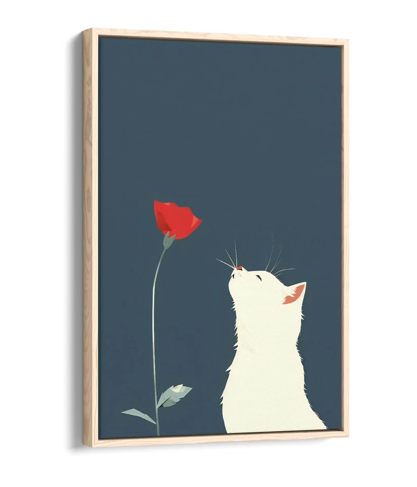 WHITE CAT WITH RED FLOWER ARTWORK -FLOAT EFFECT FRAMED CANVAS WALL ART PRINT - image 3 of 4