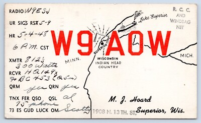 #ad QSL CB Ham Radio Card W9AOW MJ Hoard Superior Wisconsin WI 1948 Hand Drawn Map $5.00