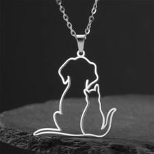 My Shape Hugging Puppy Kitten Necklace  Stainless Steel Pendant Chain Animal Ca