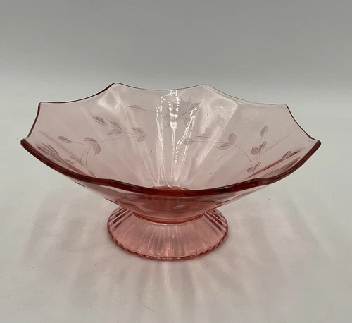 Vtg Pink Depression Glass Compote Pedestal Bowl W/ Scalloped Edges Floral Edges