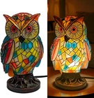 Tiffany Style Owl Table Lamp, Hand-Painted Vintage Resin Animal Desk Lamp, Color