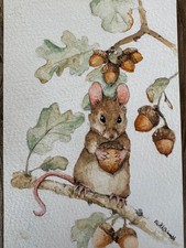 Mouse in tree with acorns origional watercolor painting signed by artist 4.5x6.5