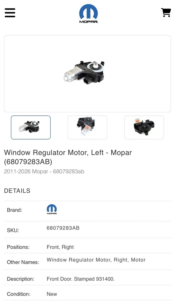 NUEVO Motor Regulador Ventana Genuino Mopar 68079283AB Jeep Grand Cherokee Foto 2 de 2
