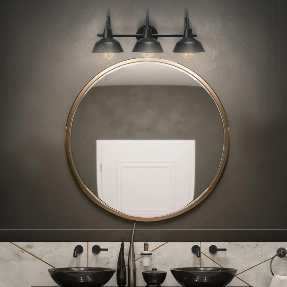 Luz de tocador eléctrica 65554 Barnyard de 3 luces, negro mate, cortinas interiores blancas Foto 2 de 4