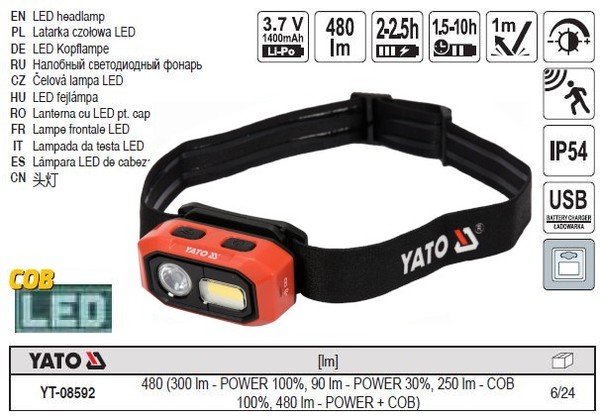 Yato Led-Kopflampe Stirnlampe Cob Led + P8 Led 480Lm 3,7V 1400Mah YT-08592-image